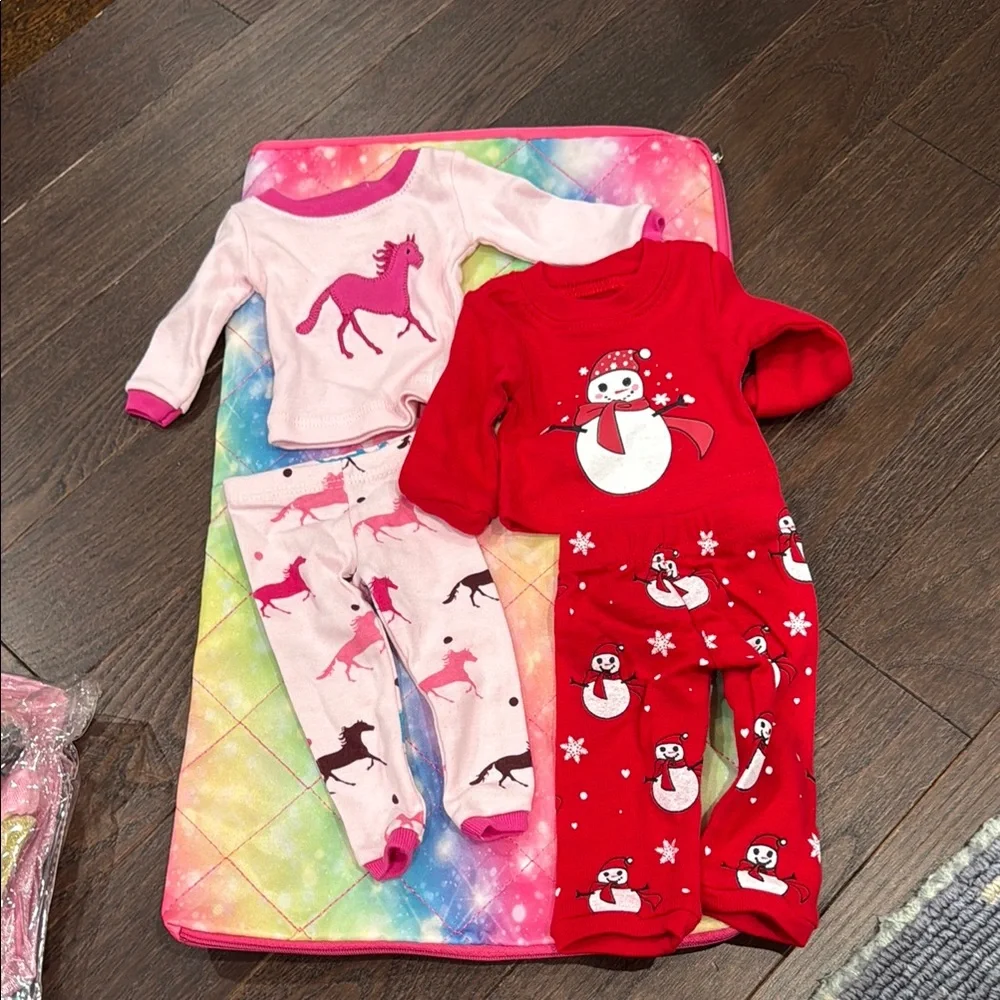 American Girl Doll Holiday Snowman Red Pajama Set & Pink Unicorn Pajama Set